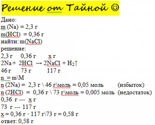 Найти массу соли, которая образовалась в результате растворения натрия массой 2,3 г в хлоридной кисл