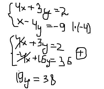 Решите систему уравнений 4x+3y=2 x-4y=-9