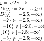 y=\sqrt{2x+5}\\D(y):=2x+5\geq0\\D(y)=[-2.5;+\infty)\\\{-2\} \in [-2.5;+\infty)\\\{-10\} \notin [-2.5;+\infty)\\\{10\} \in [-2.5;+\infty)\\\{-3\} \notin [-2.5;+\infty)\\