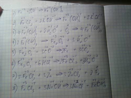 Расставьте степень окисления. 1. fe+2oh=fe(oh)2 2. fecl2+2koh=fe(oh)2+2kcl 3. 4fe(oh)2+2h2o+o2=4fe(o