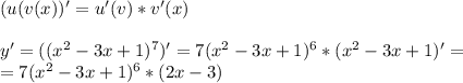 (u(v(x))'=u'(v)*v'(x)\\\\y'=((x^2-3x+1)^7)'=7(x^2-3x+1)^6*(x^2-3x+1)'=\\=7(x^2-3x+1)^6*(2x-3)