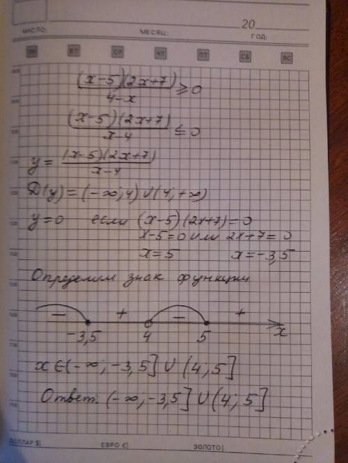 Решите неравенство (x-5)(2x+7): 4-x > или = 0