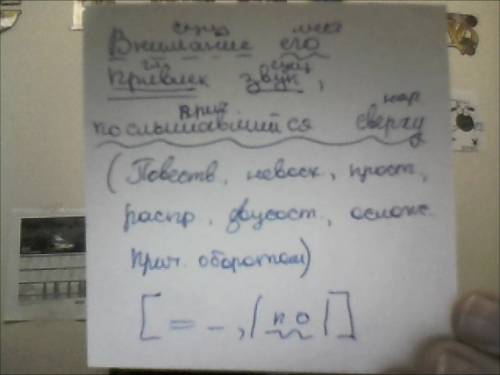 Синтаксический разбор предложения - внимание его привлёк звук, послышавшийся сверху.