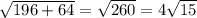 \sqrt{196+64} = \sqrt{260} = 4 \sqrt{15}