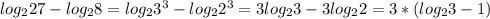 log_{2}27-log_{2}8=log_{2}3^3-log_{2}2^3=3log_{2}3-3log_{2}2=3*(log_{2}3-1)