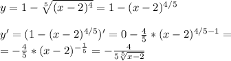 y=1- \sqrt[5]{(x-2)^4} =1-(x-2)^{4/5} \\ \\ y'=(1-(x-2)^{4/5})'=0- \frac{4}{5} *(x-2)^{4/5-1} = \\ =- \frac{4}{5} *(x-2)^{- \frac{1}{5} } =- \frac{4}{ 5\sqrt[5]{x-2} }