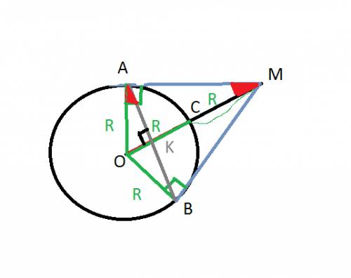 Две прямые, проходящие через точку м, лежащую вне окружности с центром о, касаются окружности в точк