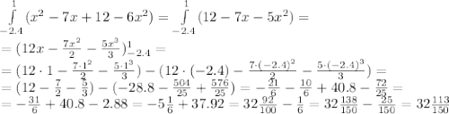 \int\limits^1_{-2.4}(x^2-7x+12-6x^2)=\int\limits^1_{-2.4}(12-7x-5x^2)=&#10;\\\&#10;=(12x-\frac{7x^2}{2}-\frac{5x^3}{3})^1_{-2.4}=&#10;\\\&#10;=(12\cdot1-\frac{7\cdot1^2}{2}-\frac{5\cdot1^3}{3})-(12\cdot(-2.4)-\frac{7\cdot(-2.4)^2}{2}-\frac{5\cdot(-2.4)^3}{3})=&#10;\\\&#10;=(12- \frac{7}{2}-\frac{5}{3})-(-28.8-\frac{504}{25}+\frac{576}{25})=&#10;-\frac{21}{6}-\frac{10}{6}+40.8-\frac{72}{25}=&#10;\\\&#10;=-\frac{31}{6}+40.8-2.88=-5\frac{1}{6}+37.92=32 \frac{92}{100}-\frac{1}{6}=32\frac{138}{150}-\frac{25}{150}=32\frac{113}{150}