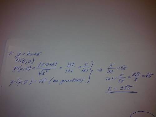 Найти k из условия что прямая y=kx+5 удалена от начала координат на расстояние d=sqrt(5)