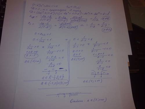 При каком условии корни уравнения (1-а^2)*х^2 + 2ах - 1 = 0 принадлежат промежутку (0; 1)?