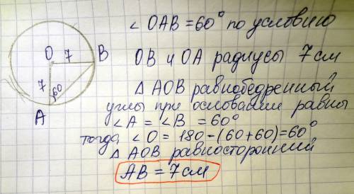 Центральный угол aob опирается на хорду ab так, что угол oab равен 60. найдите длину хорды ab, если