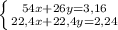 \left \{ {54x + 26y = 3,16} \atop {22,4x + 22,4y = 2,24}} \right.