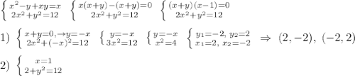 \left \{ {{x^2-y+xy=x} \atop {2x^2+y^2=12}} \right. \; \left \{ {{x(x+y)-(x+y)=0} \atop {2x^2+y^2=12}} \right. \; \left \{ {{(x+y)(x-1)=0} \atop {2x^2+y^2=12}} \right. \\\\1)\; \left \{ {{x+y=0,\to y=-x} \atop {2x^2+(-x)^2=12}} \right. \; \left \{ {{y=-x} \atop {3x^2=12}} \right. \; \left \{ {{y=-x} \atop {x^2=4}} \right. \; \left \{ {{y_1=-2,\; y_2=2} \atop {x_1=2,\; x_2=-2}} \right. \; \Rightarrow \; (2,-2),\; (-2,2)\\\\2)\; \left \{ {{x=1} \atop {2+y^2=12}} \right.