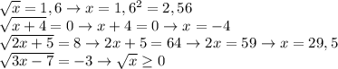 \sqrt{x}=1,6 \to x=1,6^{2}=2,56 \\&#10; \sqrt{x+4}=0 \to x+4=0 \to x=-4\\&#10; \sqrt{2x+5} =8 \to 2x+5=64 \to 2x=59 \to x = 29,5\\&#10;\sqrt{3x-7}=-3 \to \sqrt{x} \geq 0