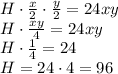 H\cdot\frac x2\cdot\frac y2=24xy\\H\cdot\frac{xy}4=24xy\\H\cdot\frac14=24\\H=24\cdot4=96