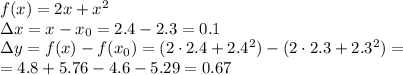 f(x)=2x+x^2&#10;\\\&#10;\Delta x=x-x_0=2.4-2.3=0.1&#10;\\\&#10;\Delta y=f(x)-f(x_0)=(2\cdot2.4+2.4^2)-(2\cdot2.3+2.3^2)=&#10;\\\&#10;=4.8+5.76-4.6-5.29=0.67
