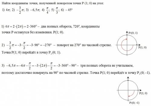 Найти координаты точки полученной поворотом точки p (1 0) на угол 4пи; -3/2пи; -6.5пи; пи/4; пи/3; -