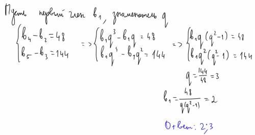 Впрогрессии разность между четвертым и вторым членами равна 48, а разность между пятым и третьим чле