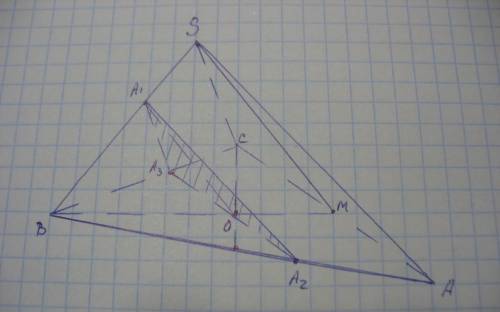 Вправильной треугольной пирамиде sabc-точка о-точка пересечения медиан основания авс,построить сечен