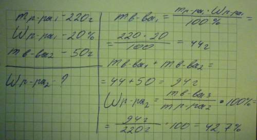 Краствору массой 220 г с массовой долей вешества 20 % добавили ешё 50 грамм вешества какова будет ма