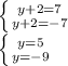 \left \{ {{y+2=7} \atop {y+2=-7}} \right. &#10;&#10; \left \{ {{y=5} \atop {y=-9}} \right.