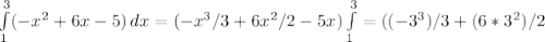 \int\limits^3_1 (-x^2+6x-5) \, dx =(-x^3/3+6x^2/2-5x) \int\limits^3_1=((-3^3)/3+(6*3^2)/2