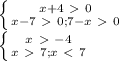 \dispaystyle \left \{ {{x+4\ \textgreater \ 0} \atop {x-7\ \textgreater \ 0; 7-x\ \textgreater \ 0}} \right.\\ \left \{ {{x\ \textgreater \ -4} \atop {x\ \textgreater \ 7; x\ \textless \ 7}} \right.