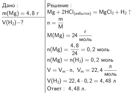 Вычислить объём водорода ,который выделится в результате взаимодействия магния массой 4,8 г с избытк