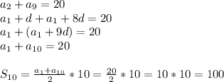 a_2+a_9=20\\a_1+d+a_1+8d=20\\a_1+(a_1+9d)=20\\a_1+a_{10}=20\\\\S_{10}= \frac{a_1+a_{10}}{2}*10 = \frac{20}{2}*10=10*10=100