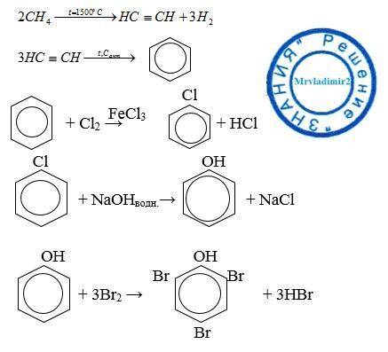 Составьте уравнение реакций: ch4--> c2h2--> c6h6--> c6h5oh--> 2,4,6-трибромфенол