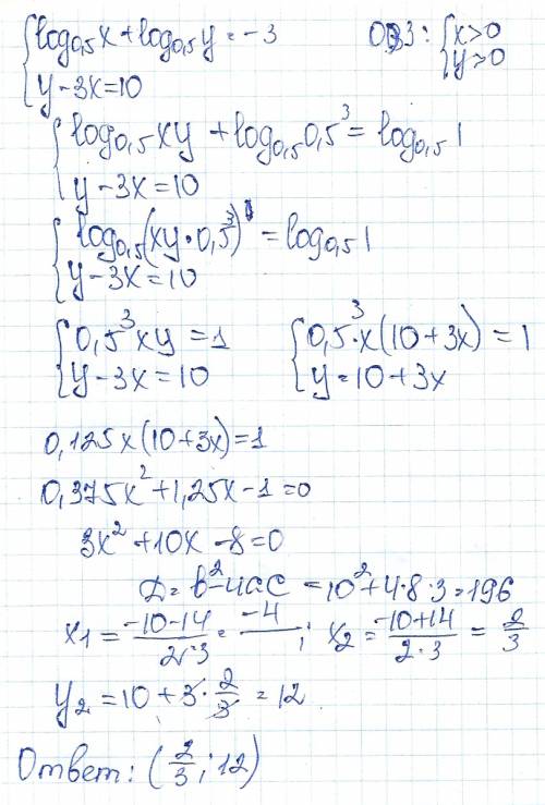 Решить систему log0,5x+log0,5y=−3 y−3x=10