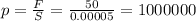 p= \frac{F}{S} = \frac{50}{0.00005} =1000000