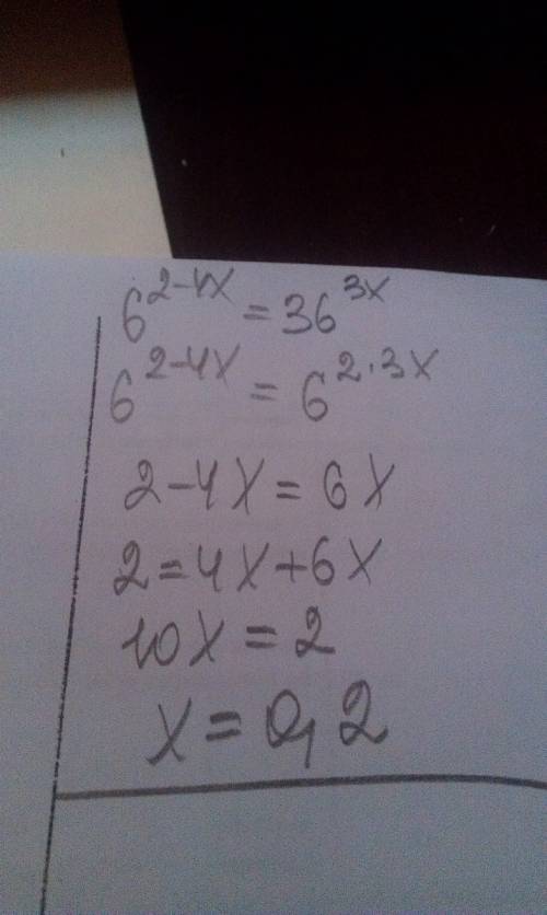 Найдите корень уравнения: 6^2-4x=36^3x