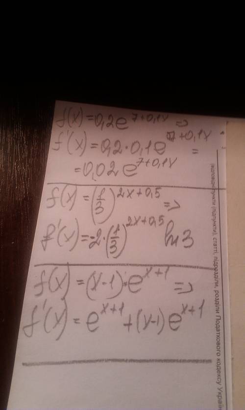 1найдите производную функции: 1) f(x)=0,2*e в степени 7+0,1x 2) f(x)=(1/3) в степени 2x+0.5 3) f(x)=