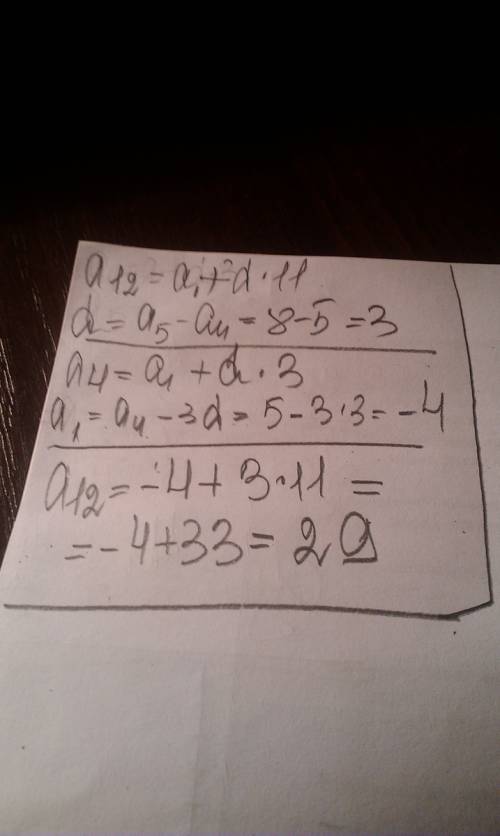 Арифметическая прогрессия задана условиями a4=5 a5=8 найти a12