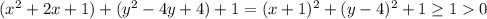 (x^2+2x+1)+(y^2-4y+4)+1=(x+1)^2+(y-4)^2+1 \geq 10