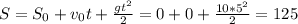 S=S_0+v_0t+ \frac{gt^2}{2}= 0+0+ \frac{10*5^2}{2}=125