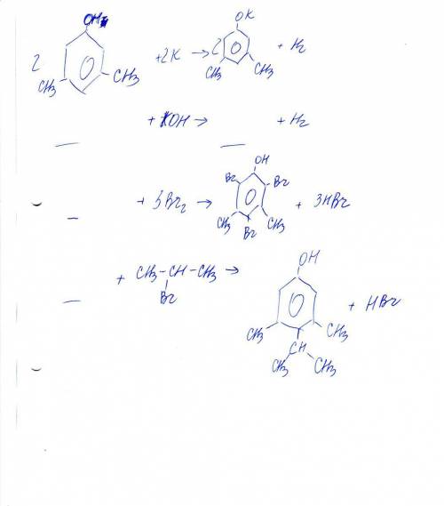 Напишите уравнения реакций 3,5-диметилфенола с : калием , нидроксидом калия , бромной водой, водород