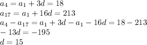 a_{4} = a_{1} +3d=18 \\ &#10;a_{17}=a_{1}+16d=213 \\ a_{4}-a_{17}=a_{1}+3d-a_{1}-16d=18-213 \\ -13d=-195 \\ d=15