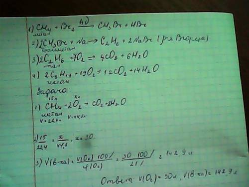 Дуже ть.. ch4 + br ➡ c2h6 + co2 ➡ c5h16 + cl2 ➡ c6h14 + o2 ➡ . обчислити, який об'єм кисню і повітря