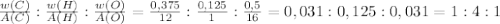 \frac{w(C)}{A(C)} : \frac{w(H)}{A(H)} : \frac{w(O)}{A(O)} = \frac{0,375}{12} : \frac{0,125}{1} : \frac{0,5}{16} = 0,031 : 0,125 : 0,031 = 1 : 4 : 1