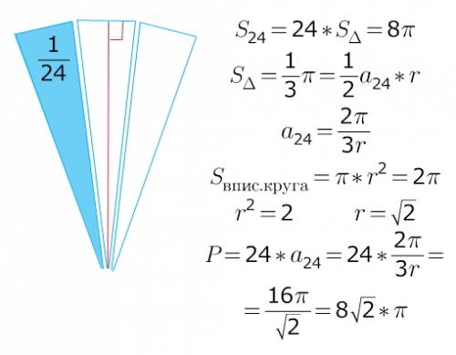Площадь двадцати четырех угольника равна 8 пи , а площадь вписанного круга равна 2 пи. найдите перим