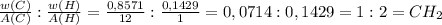 \frac{w(C)}{A(C)} : \frac{w(H)}{A(H)} = \frac{0,8571}{12} : \frac{0,1429}{1} = 0,0714 : 0,1429 = 1 : 2 = CH _{2}