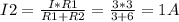 I2=\frac{I*R1}{R1+R2} =\frac{3*3}{3+6} =1 A