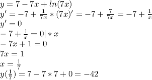 y=7-7x+ln(7x)\\y'=-7+ \frac{1}{7x}*(7x)'=-7+ \frac{7}{7x}=-7+ \frac{1}{x}\\y'=0\\-7+ \frac{1}{x}=0|*x\\-7x+1=0\\7x=1\\x= \frac{1}{7}\\y( \frac{1}{7})=7-7*7+0=-42