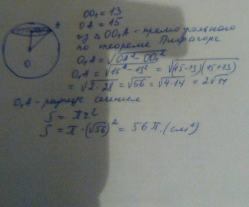 Расстояние от центра шара радиуса 15 см до секущей плоскости равно 13 см. вычислите площадь сечения.