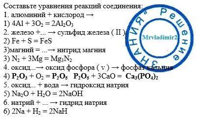 Составьте уравнения реакций соединения: 1. алюминий + кислород → 2. железо + → сульфид железа ( ii )