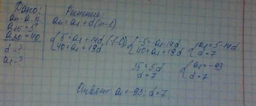 Варифметической прогрессии (an) известны a15=5 и a20=40. найдите разность и первый член этой арифмет