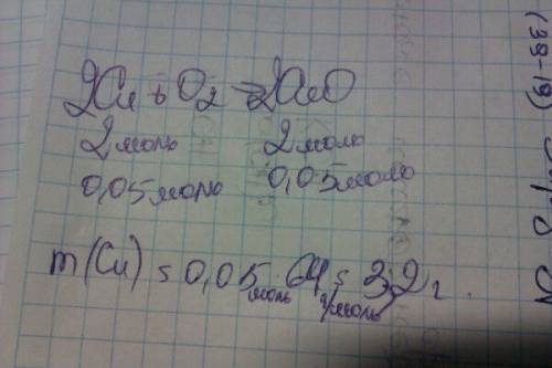 Определите массу меди (г),вступившей в реакцию с кислородом,если образовалось 0,05 моль оксида меди