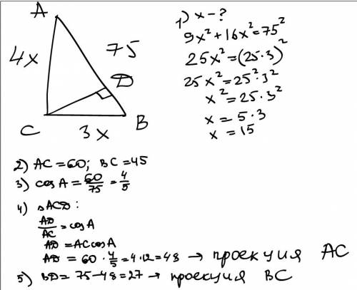 Катеты прямоугольного треугольника относятся как 4 : 3, а гипотенуза равна 75. найдите проекции кате